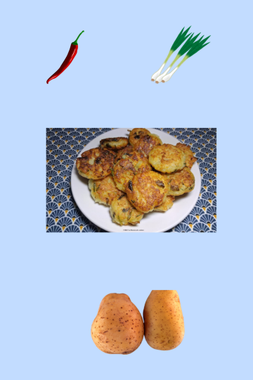 Assiette blanche garnie de galettes dorées et croustillantes, parsemées d’herbes, posée sur une nappe colorée à motifs sur fond bleu clair avec divers épices et pomme de terre