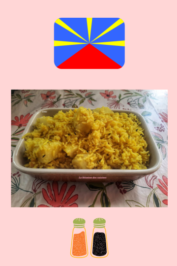 Zembrocal pomme de terre réunionnais dans un plat blanc, posé sur une nappe florale, avec en haut un drapeau stylisé de La Réunion et en bas deux pots d’épices illustrés, sur fond rose.