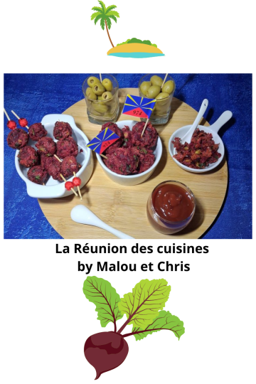 Plateau apéritif composé de beignets de betterave violets sur pics, servis avec des olives vertes et une sauce rouge, ambiance cuisine réunionnaise.