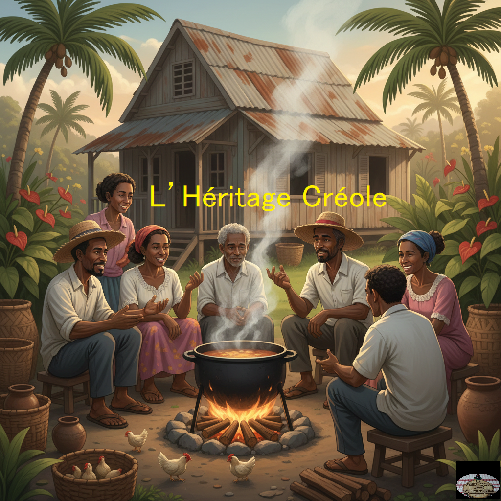 personnes réunionnaises discutent autour d’une marmite au feu de bois, devant une case créole, avec des poules et une végétation tropicale. Illustration chaleureuse, ambiance lontan, esprit patrimoine et transmission.