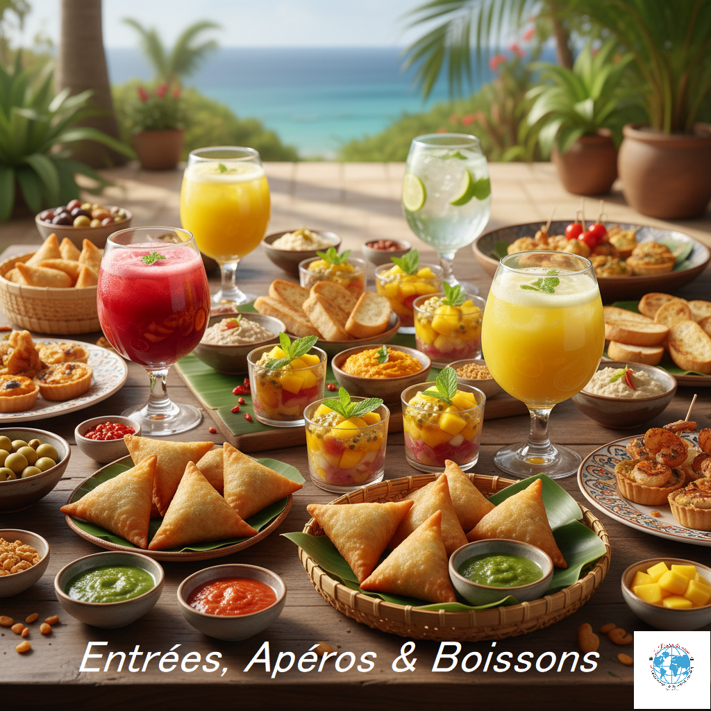 Gros plan sur une table de pique-nique créole généreuse et colorée. Au premier plan, des paniers de samoussas bien dorés servis sur des feuilles de bananière avec des sauces pimentées (vert et rouge). Autour, des verrines de mangue fraîche, des tartinades, des olives et des grands verres de jus de fruits tropicaux (rouge et jaune) avec des feuilles de menthe. En arrière-plan, une vue floue sur l'océan turquoise sous un ciel ensoleillé.