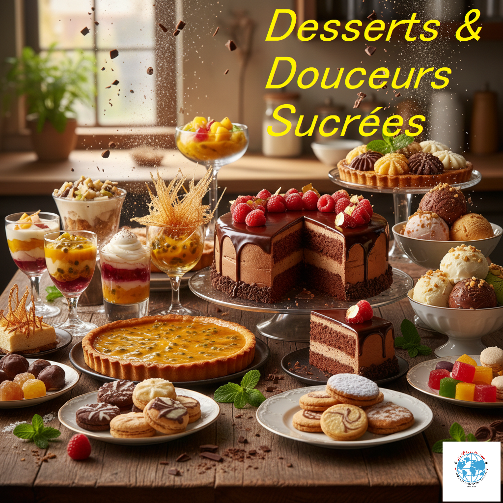 Vue d'ensemble spectaculaire d'un buffet de desserts gourmands : au centre, un grand gâteau au chocolat nappé de ganache et de framboises fraîches, entouré de tartes aux fruits de la passion, de verrines colorées, de boules de glaces artisanales, de macarons et de petits biscuits sablés, le tout sous une pluie fine de copeaux de chocolat dans une ambiance lumineuse et chaleureuse.