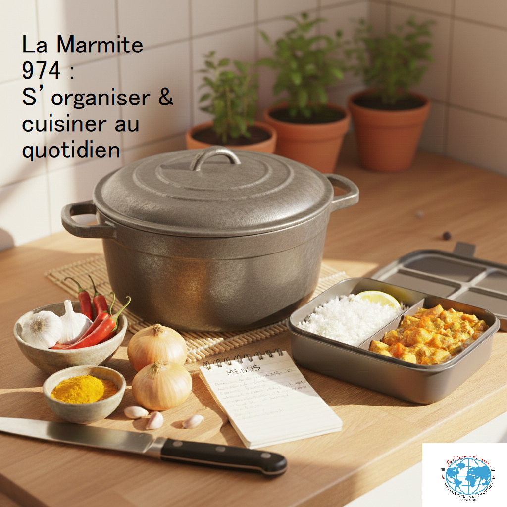 Cuisine réunionnaise authentique avec une marmite traditionnelle en fonte grise, une lunch box moderne contenant du riz et un carry, des épices péi (curcuma, piment, ail, oignon) et un carnet de menus ouvert sur un plan de travail en bois baigné de lumière.