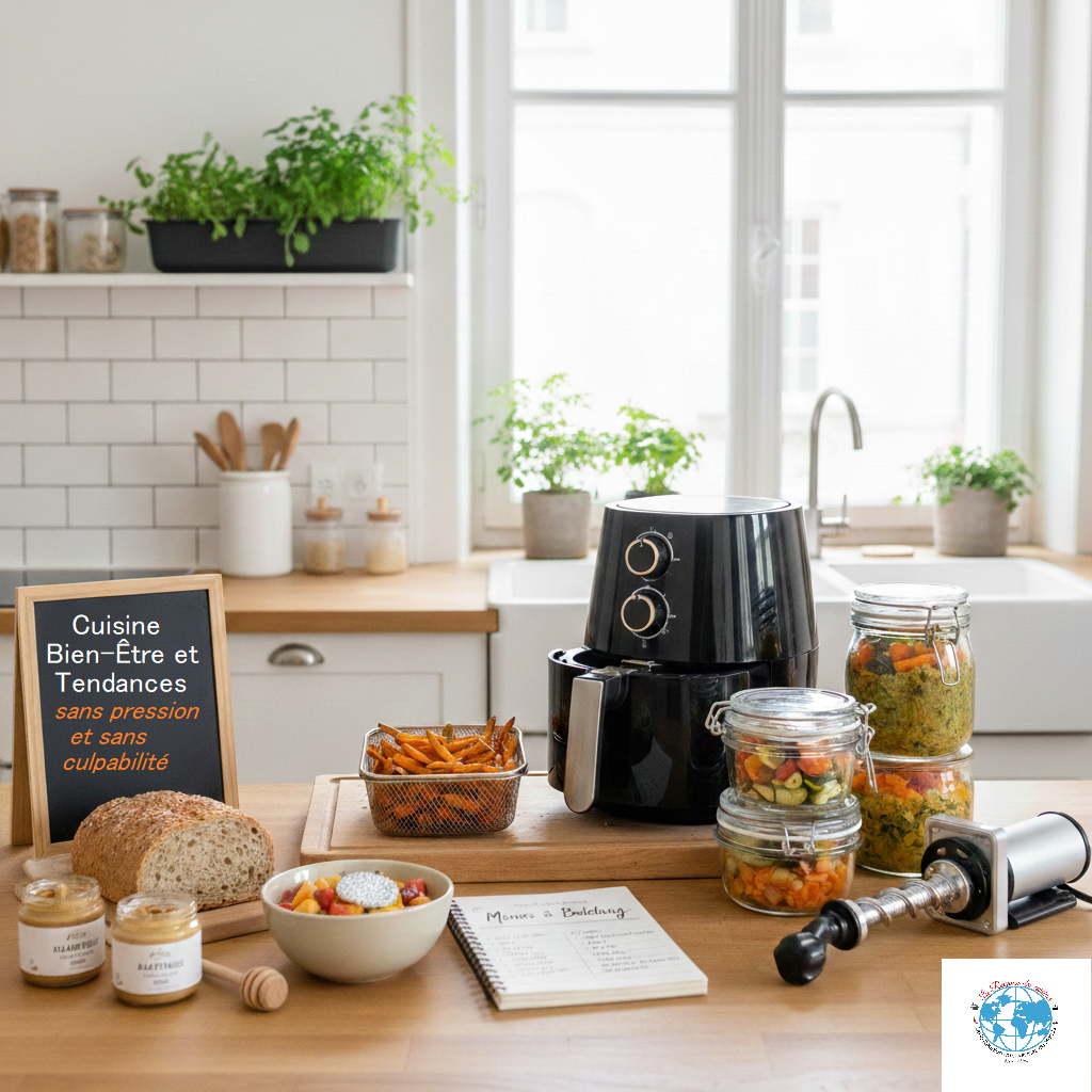 Plan de travail de cuisine moderne et lumineux avec un Air Fryer noir, des bocaux en verre de batch cooking, un pain artisanal, un carnet de notes et une ardoise noire vierge prête à être personnalisée.