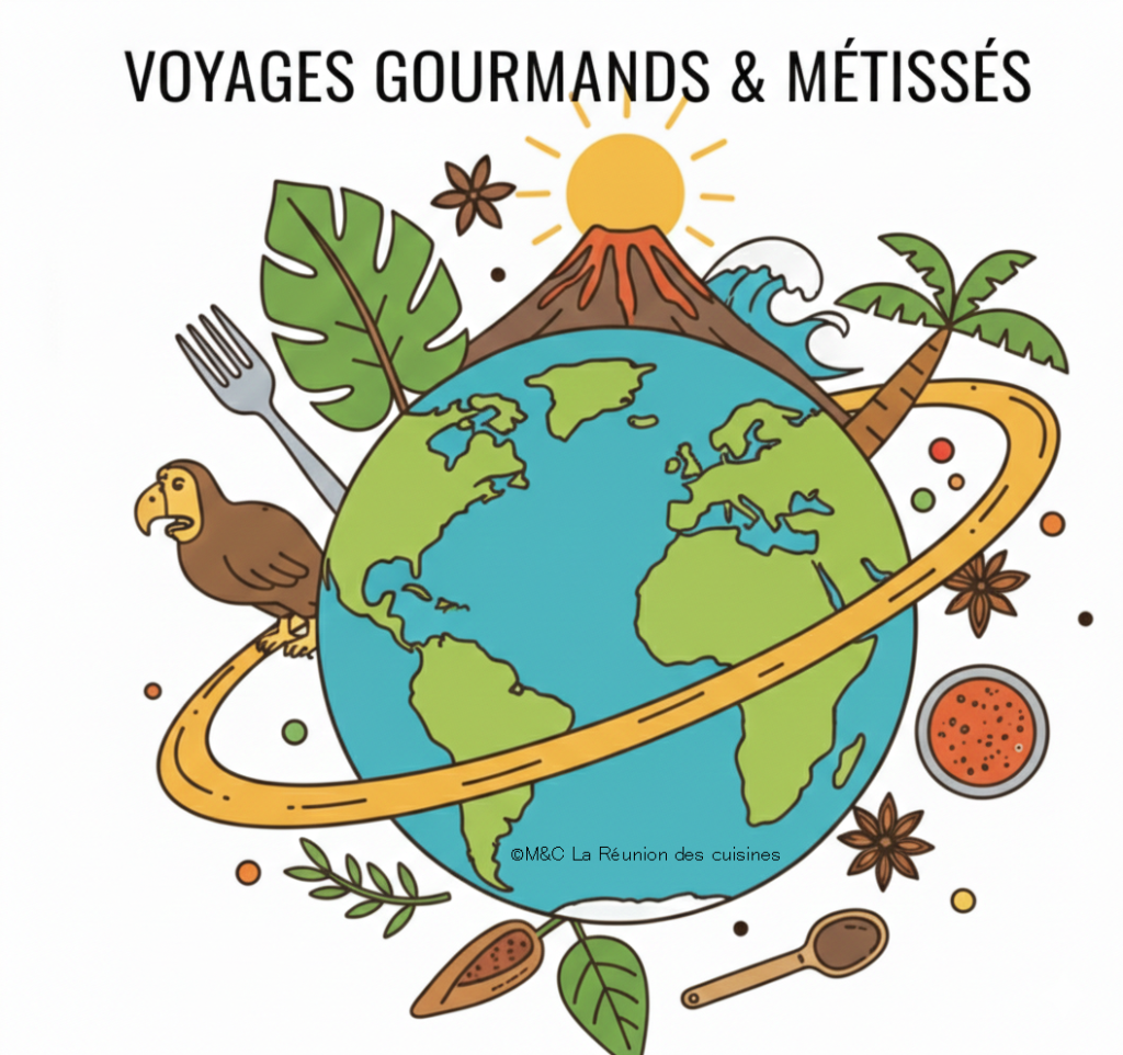 Illustration colorée d'un globe terrestre avec un dodo de la Réunion, un volcan, des feuilles de palmier et des épices, surmontée du titre Voyages Gourmands et Métissés.