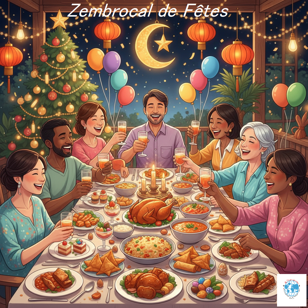 Illustration moderne et festive d'une grande tablée inclusive réunissant des personnes d'origines et d'âges variés, célébrant ensemble dans la joie. La table est couverte de plats généreux : riz zembrocal, samoussas, poulet rôti et douceurs colorées. Le décor fusionne plusieurs traditions avec un sapin de Noël illuminé, des lanternes chinoises rouges, un croissant de lune doré de l'Eid, des œufs de Pâques et des ballons d'anniversaire sous une nuit étoilée. Ambiance chaleureuse, lumineuse et multiculturelle.