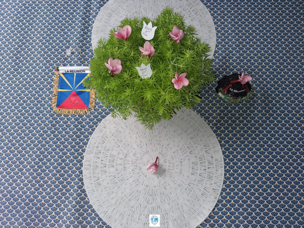 Vue de dessus d'une table décorée pour le 1er mai avec une nappe bleue à motifs, une plante succulente centrale ornée de fleurs de frangipanier roses, deux sets de table ronds blancs, un petit drapeau de La Réunion et une figurine de volcan.